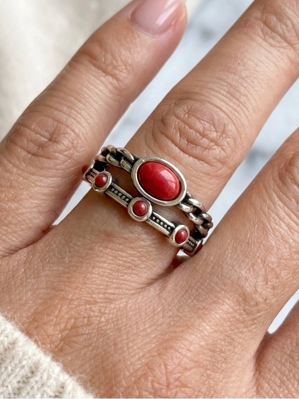Silver Red Stone Stackable Ring